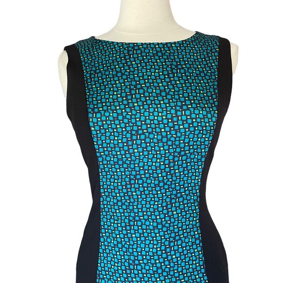 Womens T Tahari Black Sz S Knee Length Sheath Dress Teal Graphic Insert Back Zip - Picture 2 of 10